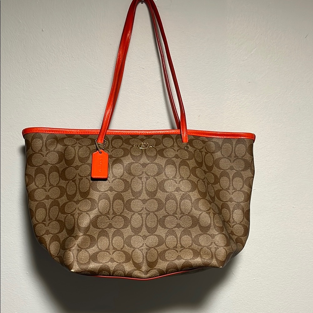Coach Brown and Red Signature Tote Bag
